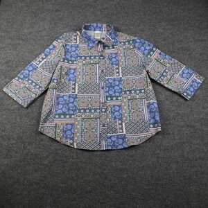 Blair Blouse Shirt Womens Medium Blue Floral Patchwork Button Front 3/4 Sleeve
